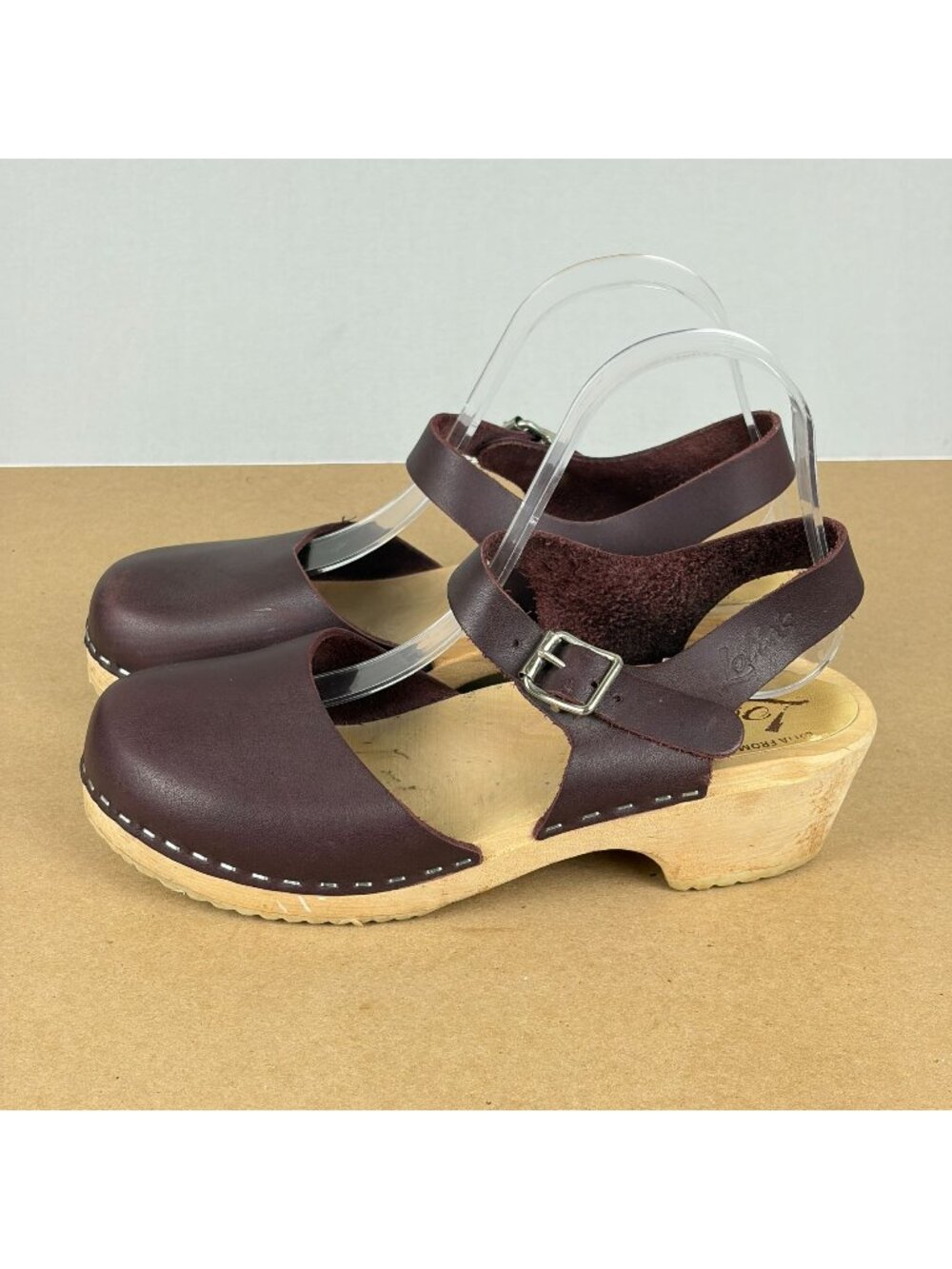Lotta's from Stockholm Leather Wood Clogs Womens 7.5 EU 38 Brown Ankle Buckle